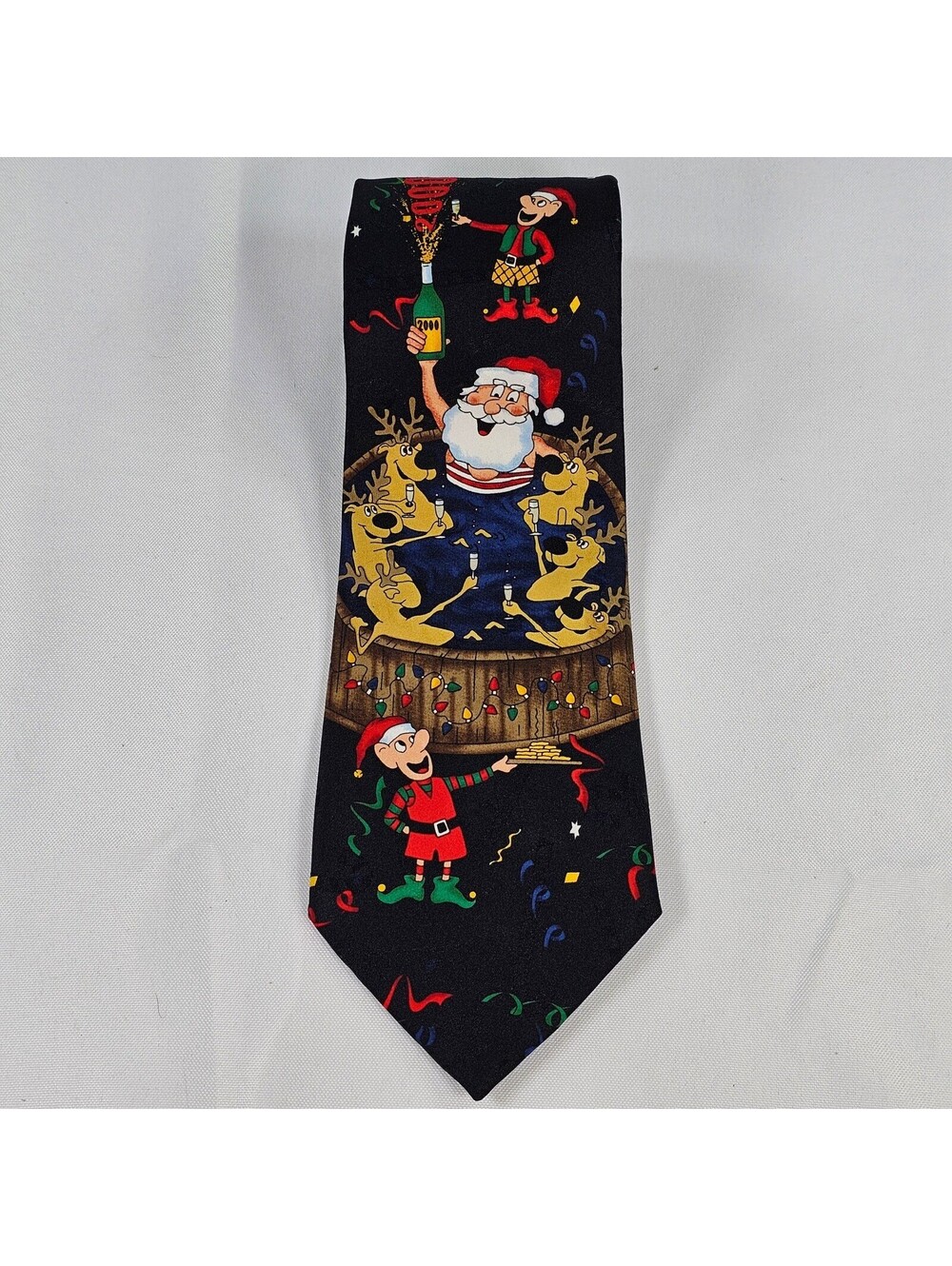 Vintage Yule Tie Greetings Hallmark Santa Reindeer Christmas Mens Silk Tie Black